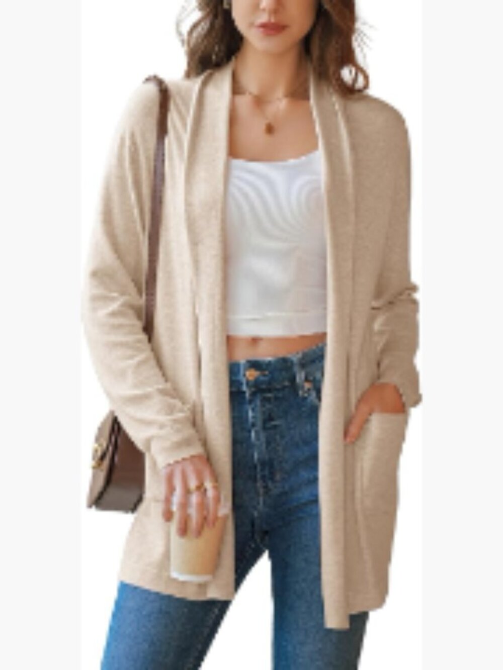Wool Blend Lightweight Open Front Cardigan with Pockets